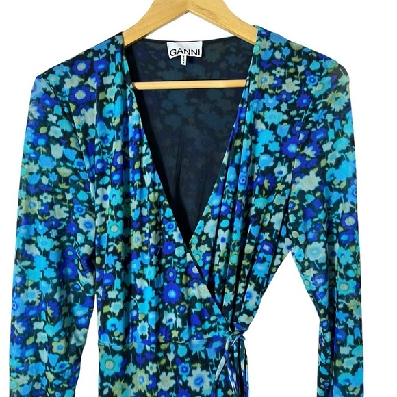 GANNI Floral Print Stretch Mesh Long Sleeve Maxi Wrap Dress - Picture 6 of 13